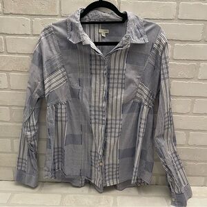 ODILLE Women's Blue and White Long Sleeve Button Down Shirt Anthropologie Size 8